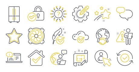 Fototapeta premium Set of Technology icons, such as Star, Hypoallergenic tested, Refrigerator symbols. User, Computer fan, Question mark signs. Architect plan, Security confirmed, Online documentation. Vector
