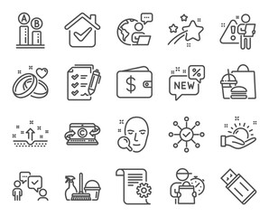 Business icons set. Included icon as Household service, Survey check, Marriage rings signs. Dollar wallet, Copywriting notebook, Usb flash symbols. New, Ab testing, Sunny weather. Vector