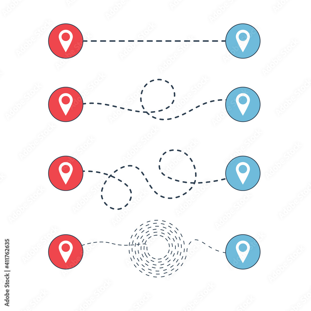 Poster path from point to point in different styles, road tracking, trace the path. location signs for trav