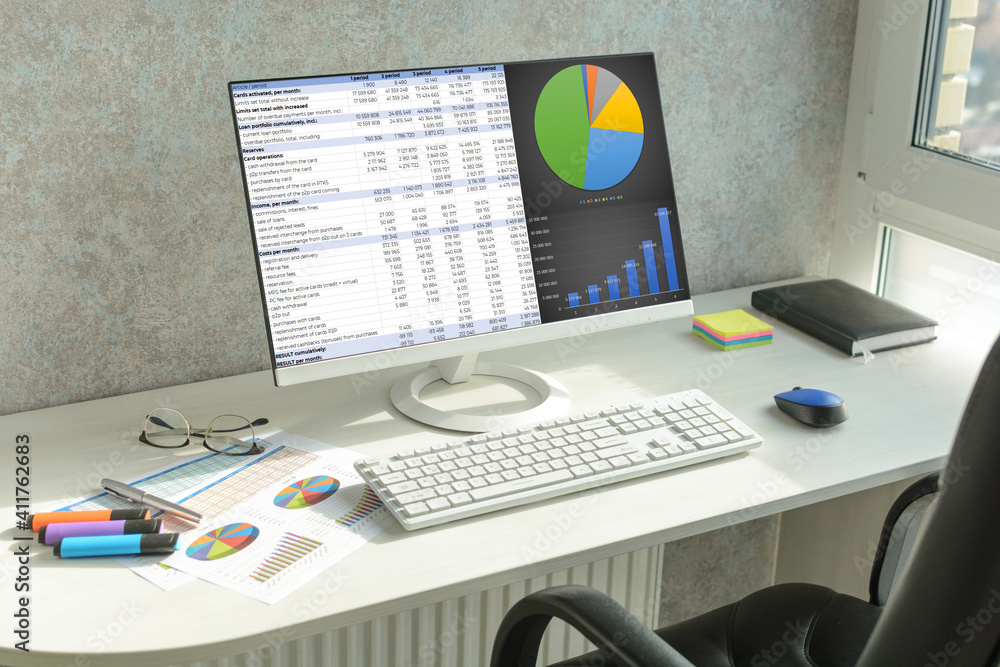 Wall mural workspace with data. soft focus and blur on first plan.