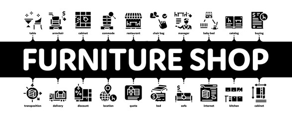 Furniture Shop Market Minimal Infographic Web Banner Vector. Furniture Table And Chair For Cafe, Couch And Bed, Internet Store And Catalog Black Illustration