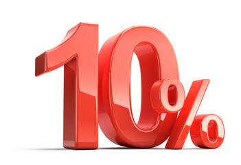 10 perecent. Glossy red ten percent sign isolated on white. Percentage, sale, discount concept. 3d rendering