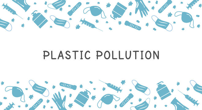 Covid Coronavirus Waste Banner. Plastic pollution background. Environmental issue or ecology problem of marine rubbish, syringe, hand sanitizer, latex glove, face masks in sea. Vector illustration.