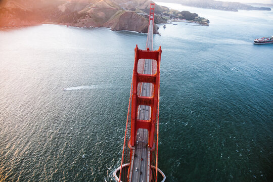 Overhead aerial of Golden gate bridge, San Francisco, USA