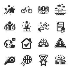 Set of Sports icons, such as Winner, Arena stadium, Winner ribbon symbols. Certificate, Basketball, Bicycle signs. Sports arena, Swimming pool, Success. Laureate award, Ole chant, Whistle. Vector