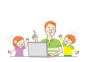 笑顔の親子とパソコン