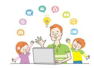 笑顔の親子とパソコン