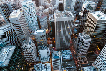 Overhead aerial of  financial district at dusk, San Francisco, USA