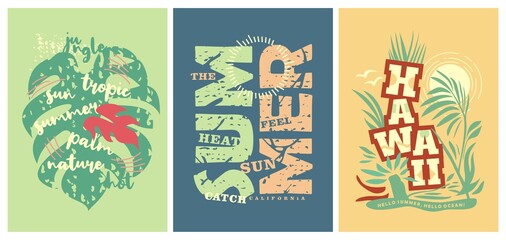 Summer tee shirts prints with Hawaii motives and floral tropical patterns and lettering. Vector stylish t-shirt and apparel trendy design templates. Fashion style fabric clothing ideas. 