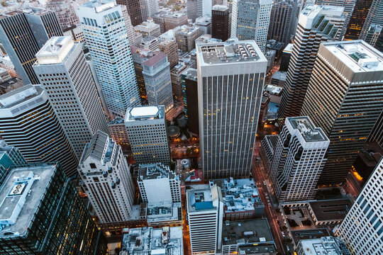 Overhead aerial of  financial district at dusk, San Francisco, USA