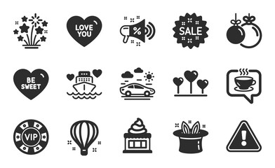 Ice cream, Hat-trick and Sale megaphone icons simple set. Coffee, Vip chip and Love heart signs. Christmas ball, Fireworks stars and Car travel symbols. Honeymoon cruise, Sale and Love you. Vector