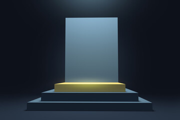 Fototapeta premium Square empty black pedestal or podium with golden elements. Colorful minimal concept design. Abstract modern art illustration for presentation template. 3d render.