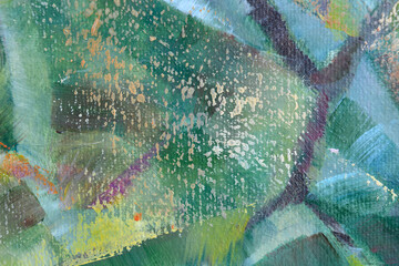 Texture fragment of oil painting, green background with yellow splashes large size