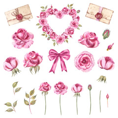 Watercolor Valentine's day illustration set. Rose floral heart wreath. Valentine Love Vintage Letters. Romantic retro envelopes.