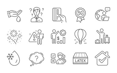 Wash hands, Opinion and Fireworks line icons set. Support consultant, 5g technology and Payment card signs. Question mark, Employees wealth and Air balloon symbols. Line icons set. Vector