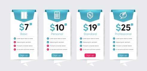 Included icon as Loan percent, Calculator, Lift signs. Price table template, business plan chart. Technology icons set. Copyright chat flat icons. Vector