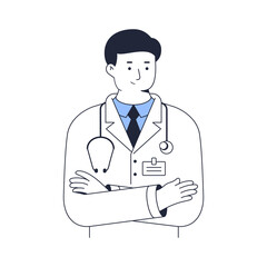 Doctor stands with arms crossed. Man medical worker portrait. Line vector illustration isolated on white background
