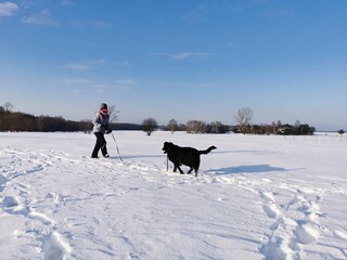 Dziecko bawiące się z psem na świeżym powietrzu zimą , błękitne niebo, mroźne powietrze,...