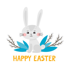 Cute rabbit character and willow for easter isolated on white.