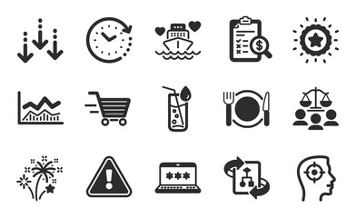 Fireworks, Laptop password and Winner star icons simple set. Technical algorithm, Scroll down and Delivery shopping signs. Court jury, Time change and Honeymoon cruise symbols. Flat icons set. Vector