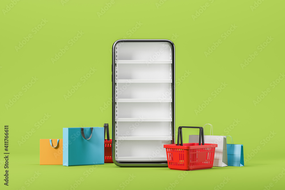 Poster concept of online shopping on a smartphone on a green background. 3d rendering