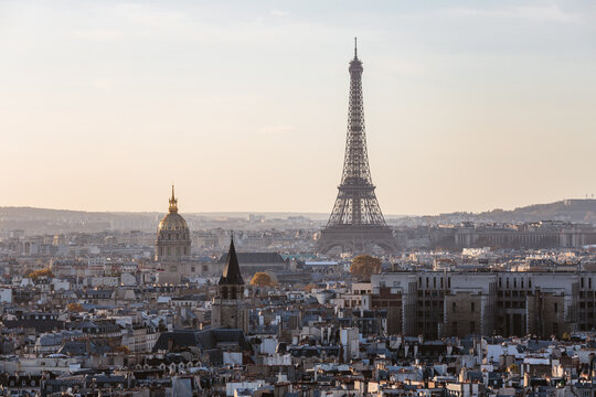 Paris and Eiffel tower at sunset, France