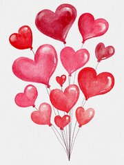 Hand drawing isolated watercolor hearts balloons for valentine's day, greeting cards, posters, banners, lovers, friends
