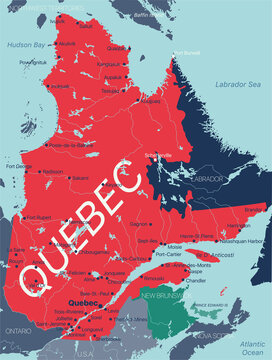 Quebec province vector editable map of the Canada with capital, national borders, cities and towns, rivers and lakes. Vector EPS-10 file