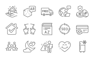 Refrigerator, Change card and Seo line icons set. Security agency, Skin care and Move gesture signs. Augmented reality, Free delivery and Vocabulary symbols. Line icons set. Vector