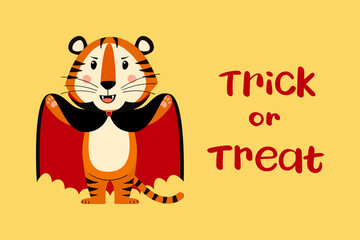 Halloween greeting card template with cute tiger in vampire costume, the symbol of the year 2022 according to the Chinese calendar. Handwriting 