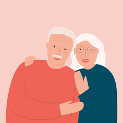 An elderly couple embracing. Portrait of a white-haired man and woman. Grandparents.Vector flat illustration