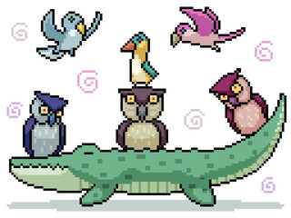 set of pixel art isolated friendly bird group
