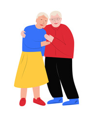 An elderly married couple embracing. A white-haired man and a woman. Grandparents on a white background. Vector illustration in flat style