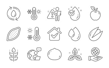 Oil drop, Weather thermometer and Water drop line icons set. Thermometer, Safe planet and Fair trade signs. Cocoa nut, Pistachio nut and Refill water symbols. Gluten free, Apple. Vector