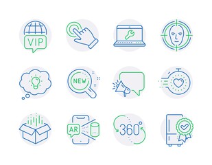 Technology icons set. Included icon as Megaphone, New products, Face detect signs. Energy, Laptop repair, Touchscreen gesture symbols. Open box, Timer, Augmented reality. Vip internet. Vector