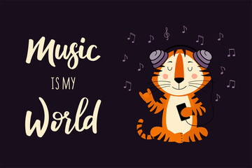 A postcard template with a cute tiger in headphones symbol of the year 2022 according to the Chinese calendar. Handwritten text 