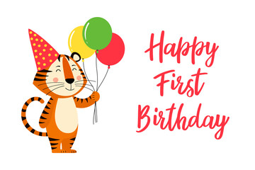 A cozy greeting card template with a cute tiger, the symbol of the year 2022 according to the Chinese calendar. Handwritten text of 
