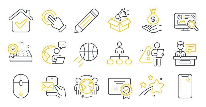 Set of Business icons, such as Mattress guarantee, Basketball, Megaphone box symbols. Global business, Messenger mail, Certificate signs. Management, Smartphone, Scroll down. Seo analytics. Vector