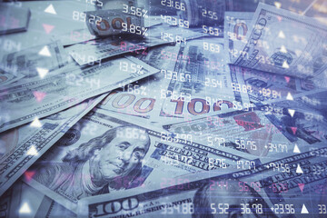 Multi exposure of forex chart drawing over us dollars bill background. Concept of financial success markets.