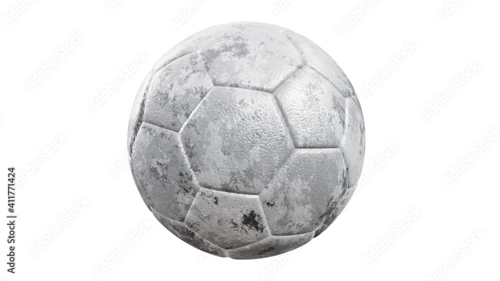 Poster 360-degree seamless looping spin 3d animation of the realistic grungy textured white soccer ball ren