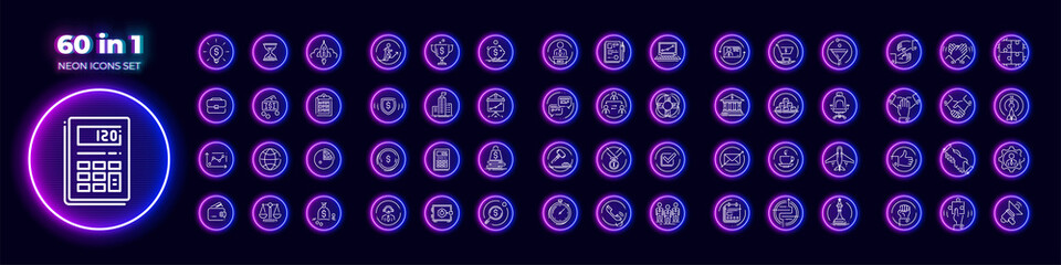 60 in 1 set of lineart vector icons in cyberpunk neon glow style. Related to business, financial, organizational, technology, team building themes. © artacet