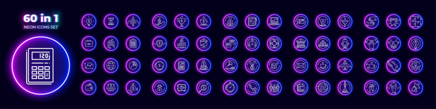 60 in 1 set of lineart vector icons in cyberpunk neon glow style. Related to business, financial, organizational, technology, team building themes.