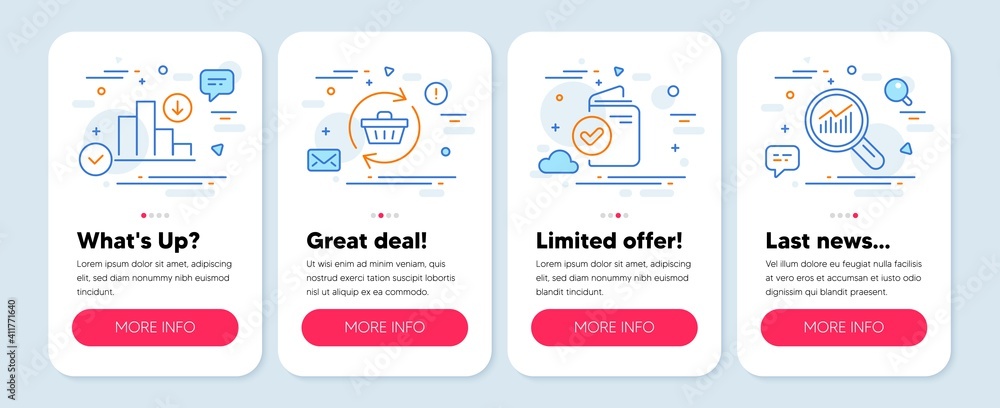 Poster set of line icons, such as decreasing graph, verification document, refresh cart symbols. mobile scr