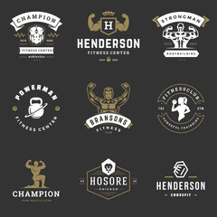Fitness center and sport gym logos and badges design set vector illustration.