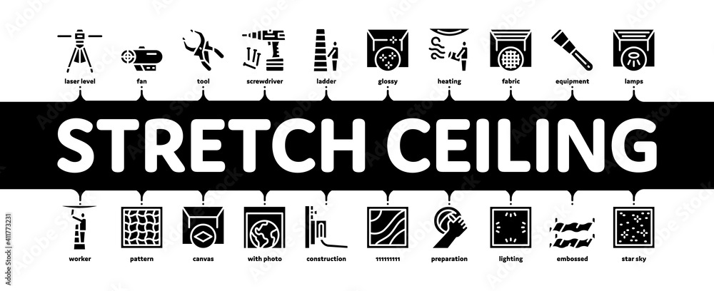 Poster stretch ceiling tile minimal infographic web banner vector. ceiling material and photo layer, laser 