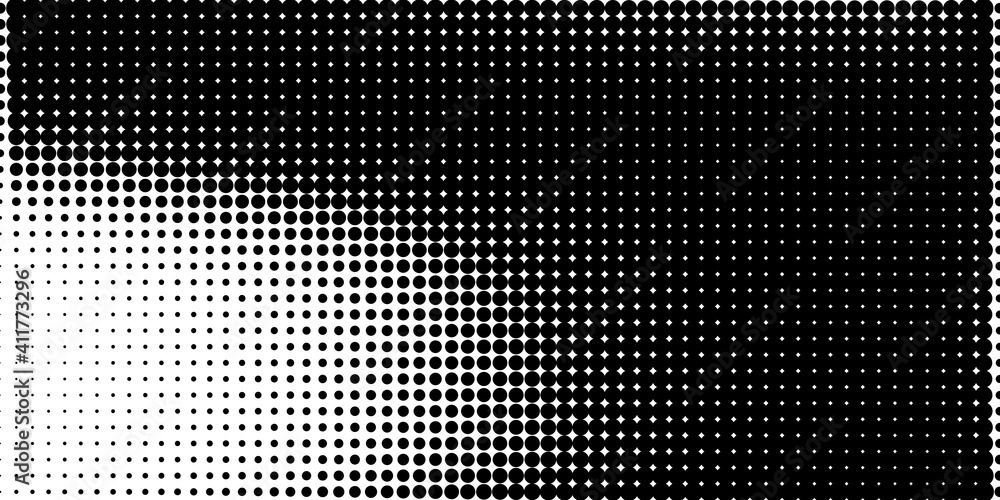 Poster Halftone in abstract style. Geometric retro banner vector texture. Modern print. White and black background. Light effect.