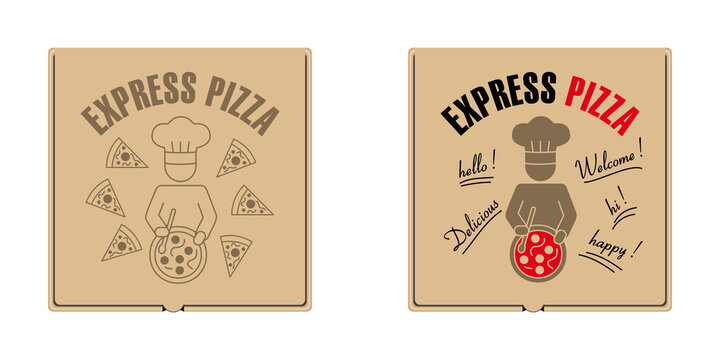 2 graphismes différents avec un pizzaïolo à imprimer sur des boites de pizza destiné à la vente à emporter.
