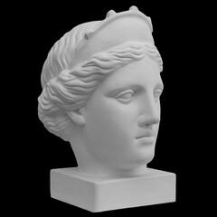 White marble sculpture head of young woman. Statue of sensual renaissance art era naked woman in circlet antique style isolated on black background