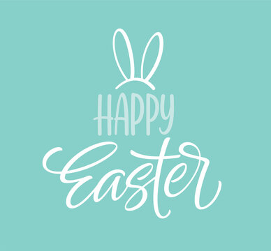 Happy Easter icon symbol. Handwriting lettering with rabbit ears. Vector illustration