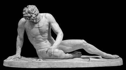 Ancient white marble sculpture of naked dying man Gaul. Antique classic statue of soldier isolated...
